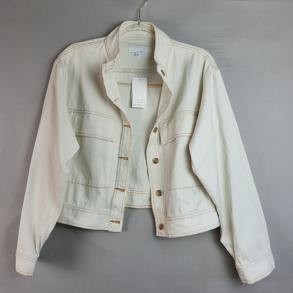TEN SIXTY SHERMAN Wmns L Cream Light 100% Cotton Canvas Jacket Buttonup Utility